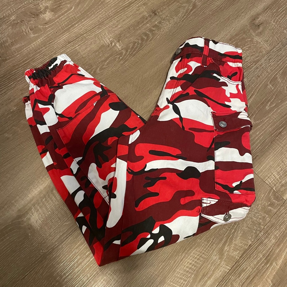 Rue21 Mens Cargo Pants Small Red Camo Cotton Spandex Streetwear Jogger BDU Style